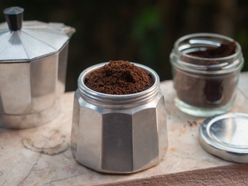 Moka pot filled with Cafe Santo Domingo Coffee