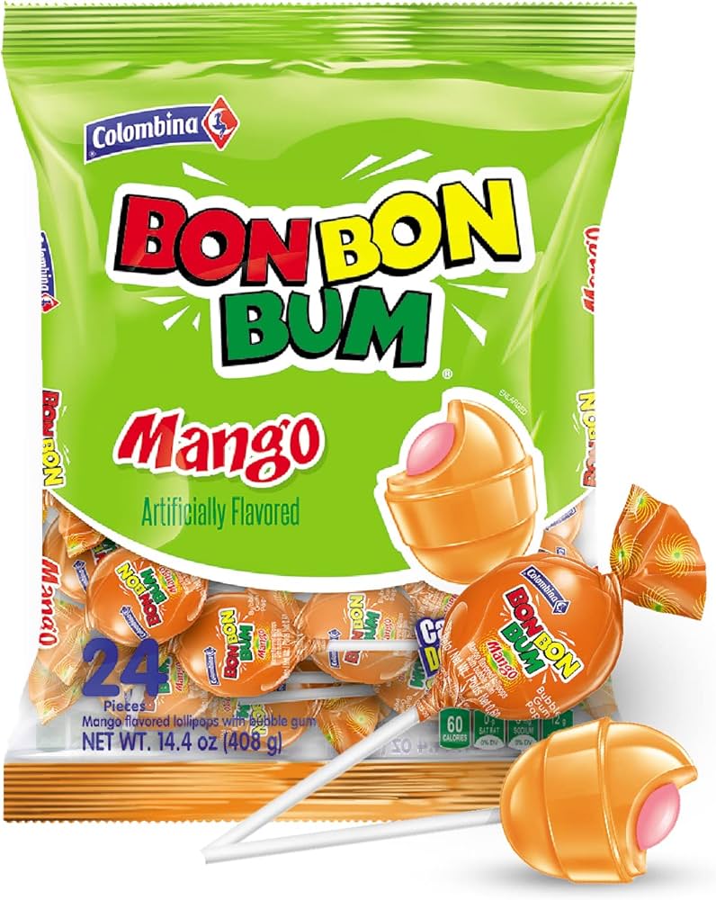 Colombina Bon Bon Chupetas Con Chicle De Sabor A Mango - Mango Flavored Lollipops with Gum Inside 