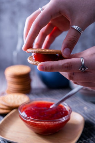 Maria cuetara cookie (galletas Maria) with strawberry jam