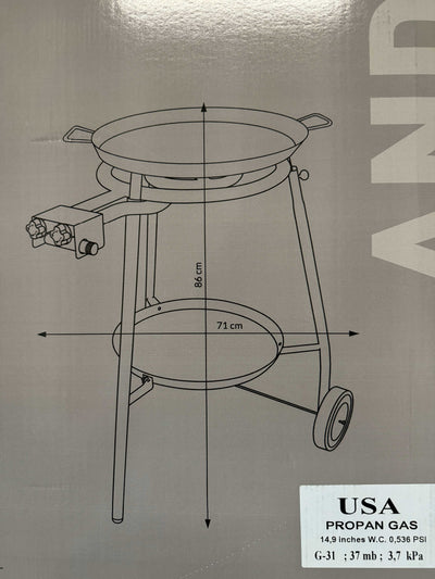 Outdoor Paella Set - Approximately 10 Serving (includes Standard Gas Burner, Polished Paella Pan and a wheeled stand with tray)